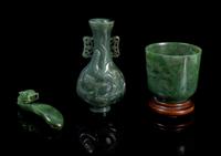 Three Spinach Jade Articles Height of tallest 5 inches.