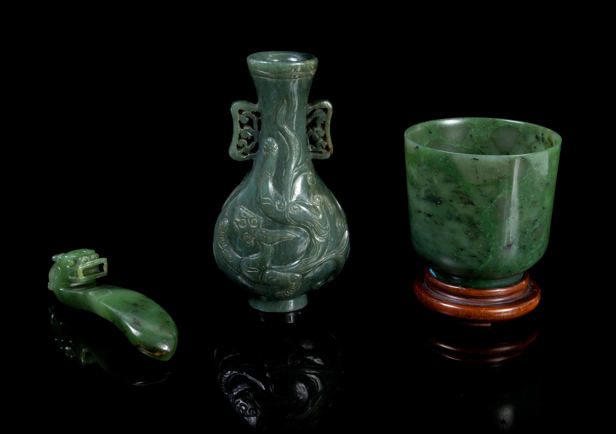 Three Spinach Jade Articles Height of tallest 5 inches.