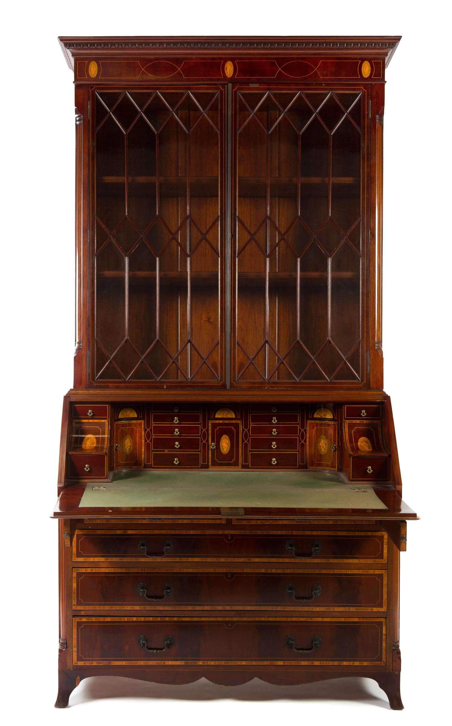 A Scottish Marquetry and Mahogany Secretary Bookcase Height 96 inches. — FIRST HALF 20TH CENTURY