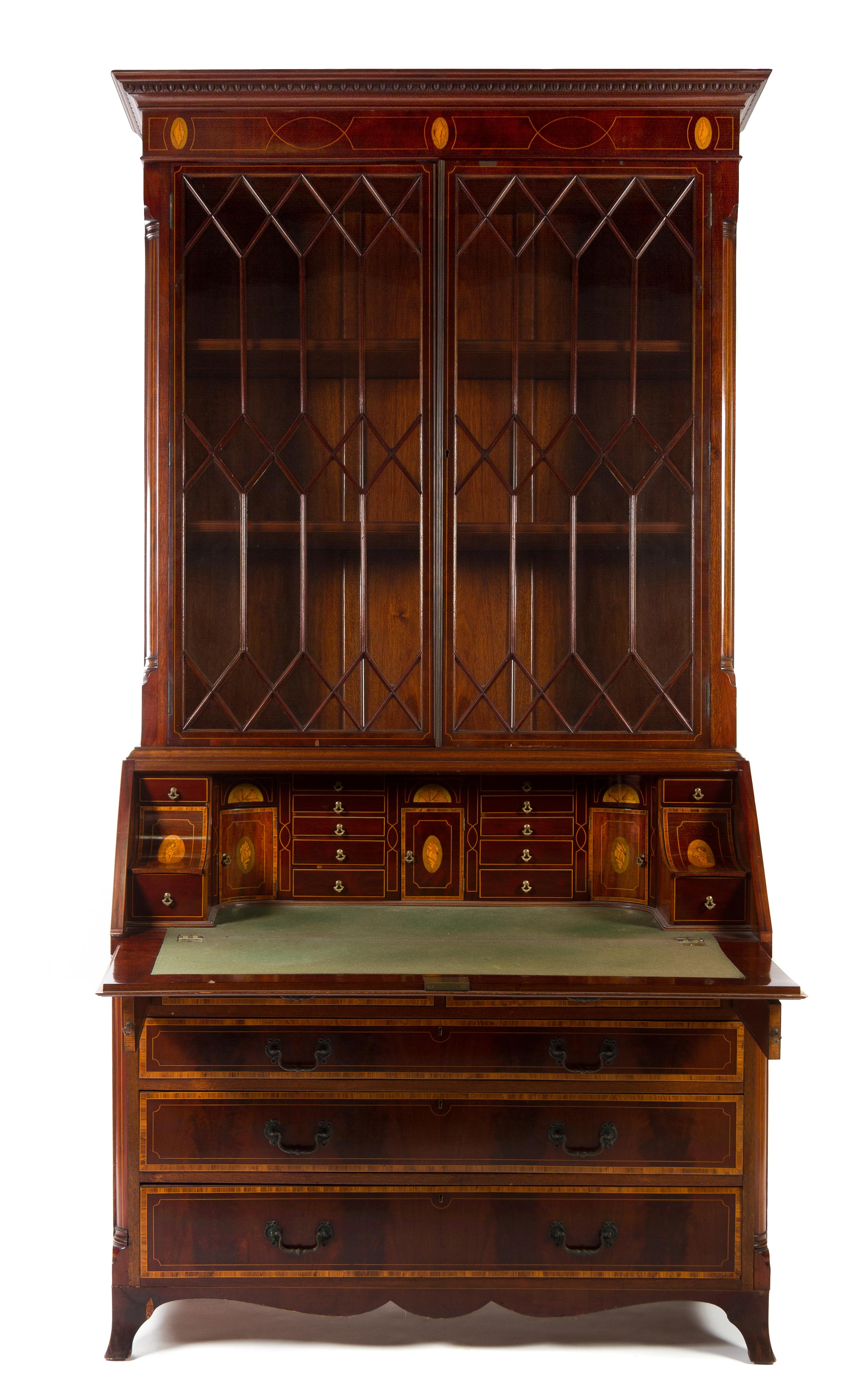 A Scottish Marquetry and Mahogany Secretary Bookcase Height 96 inches. — FIRST HALF 20TH CENTURY