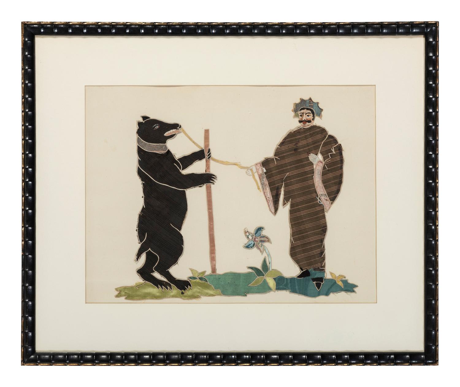 A Pieced Silk Picture of a Man with a Bear