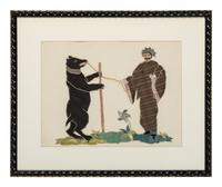 A Pieced Silk Picture of a Man with a Bear