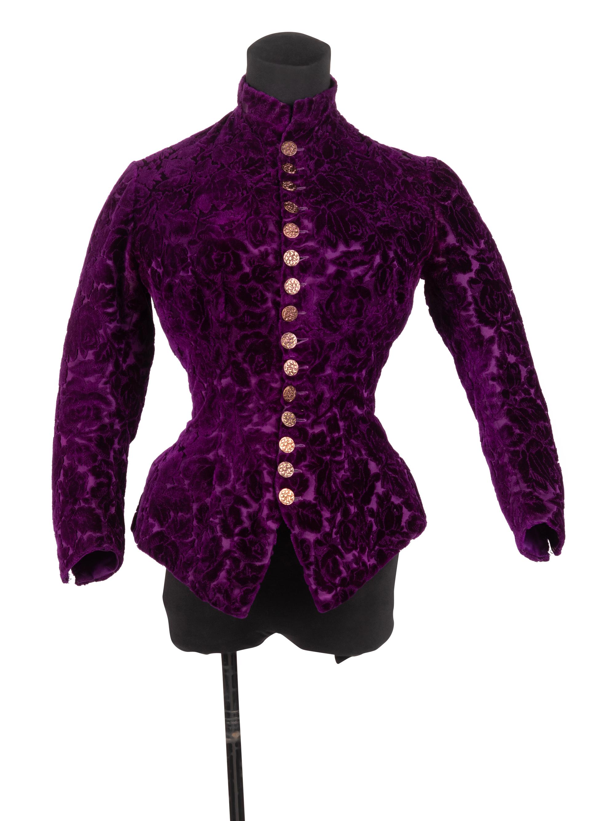 Three Velvet Pieces: One Two-Piece Dress Ensemble with Lace Collar, One Bodice, 1880s