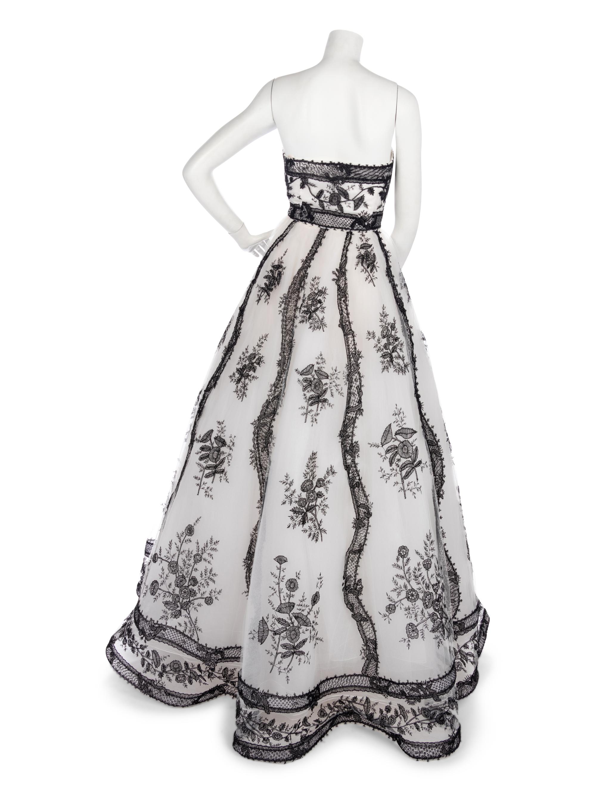 Oscar de la Renta White Net with Black Lace Gown, 2000s