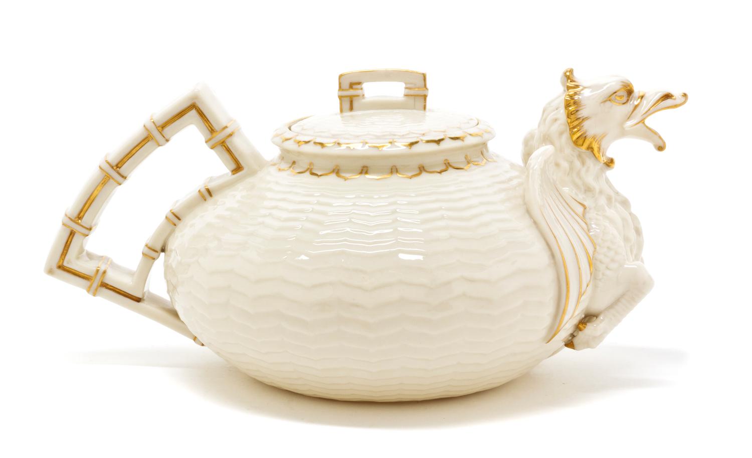 A Belleek Chinese Teapot, Width 9 3/4 inches.