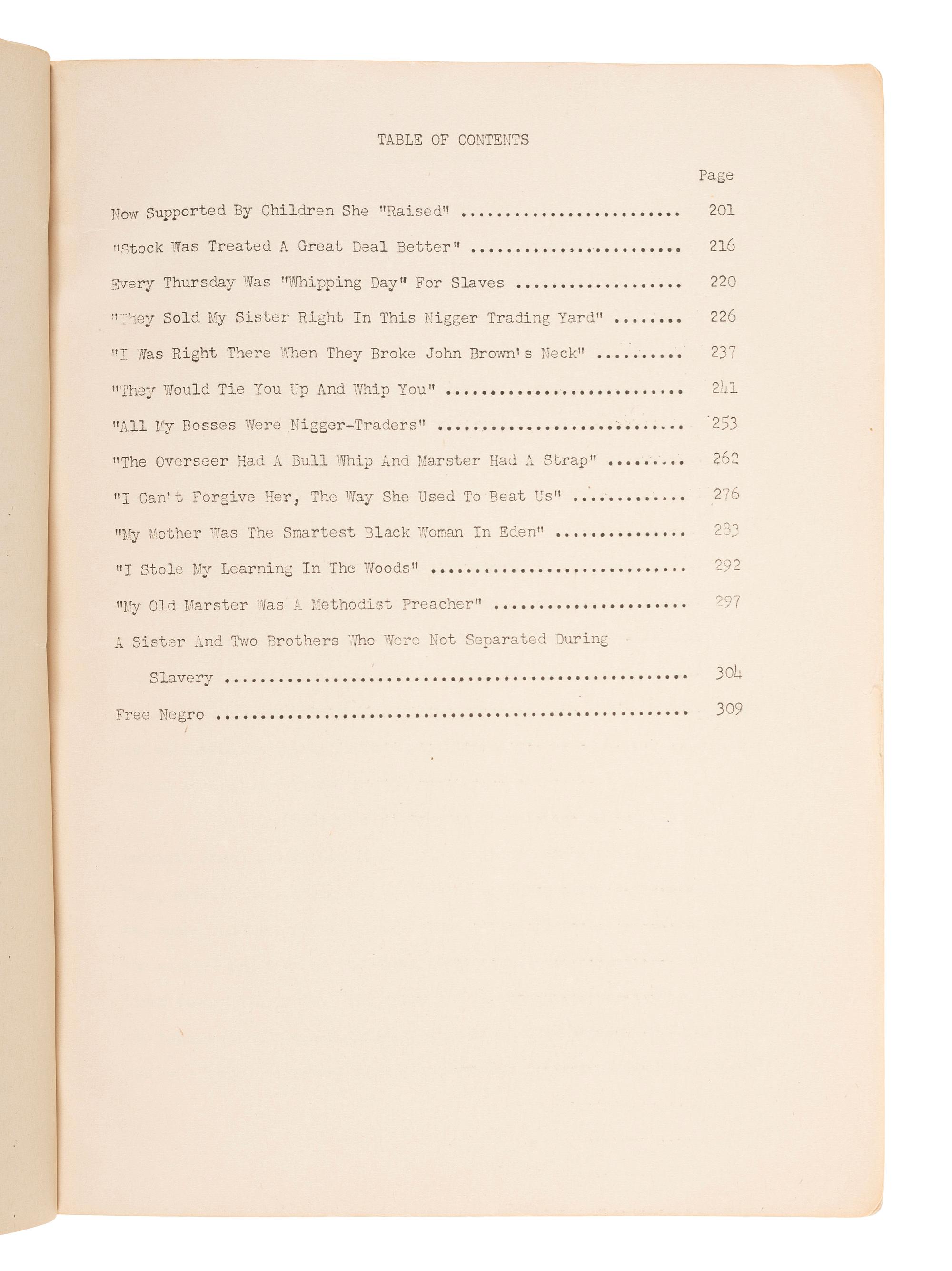 [ENSLAVEMENT & ABOLITION]. Unwritten History of Slavery. Autobiographical Account of Negro Ex-Slaves . Nashville, TN: Social Science Institute, Fisk University, 1945.