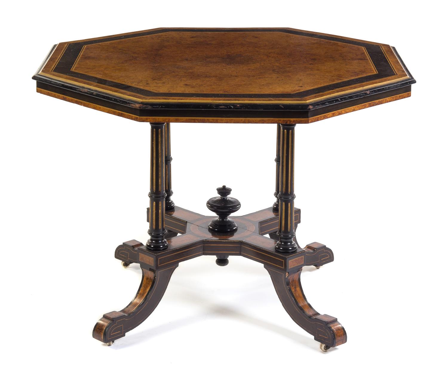 An Aesthetic Movement Burlwood, Ebony and Marquetry Center Table Height 29 3/8 x width 41 x depth 41 inches. — 19TH CENTURY