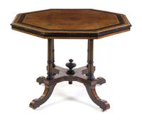 An Aesthetic Movement Burlwood, Ebony and Marquetry Center Table Height 29 3/8 x width 41 x depth 41 inches. — 19TH CENTURY