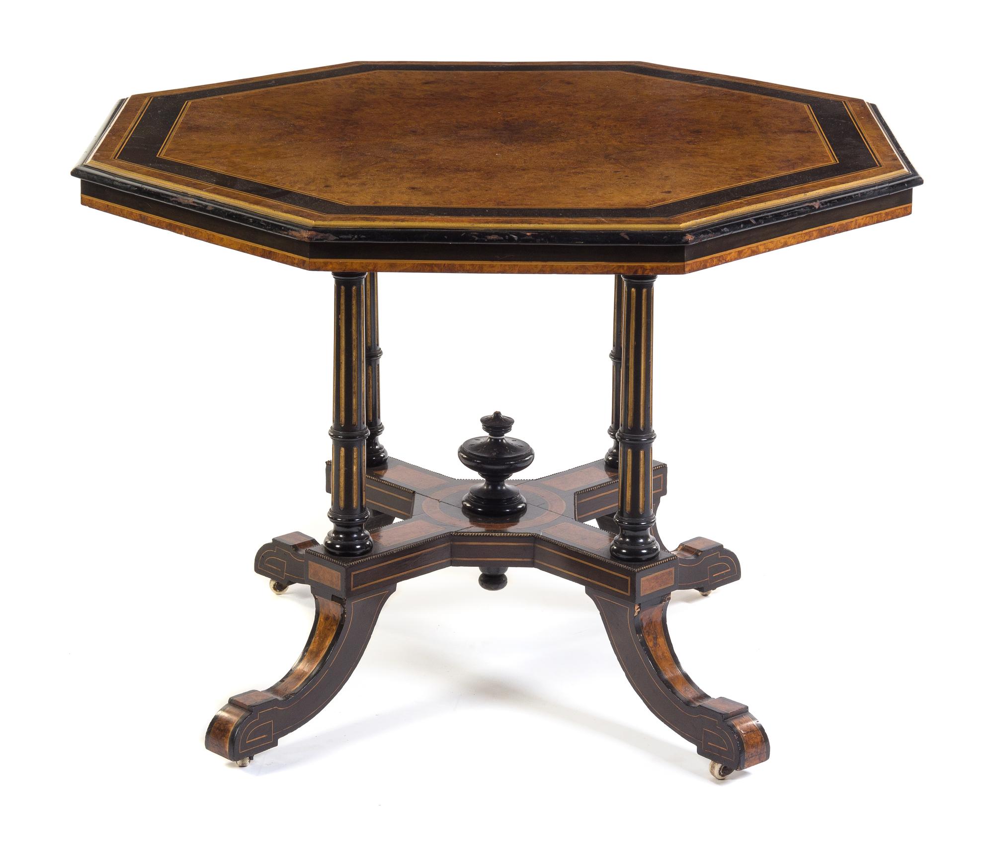 An Aesthetic Movement Burlwood, Ebony and Marquetry Center Table Height 29 3/8 x width 41 x depth 41 inches. — 19TH CENTURY