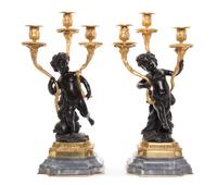 A Pair of French Gilt and Patinated Bronze Figural Candelabra, Height 19 1/4 inches.