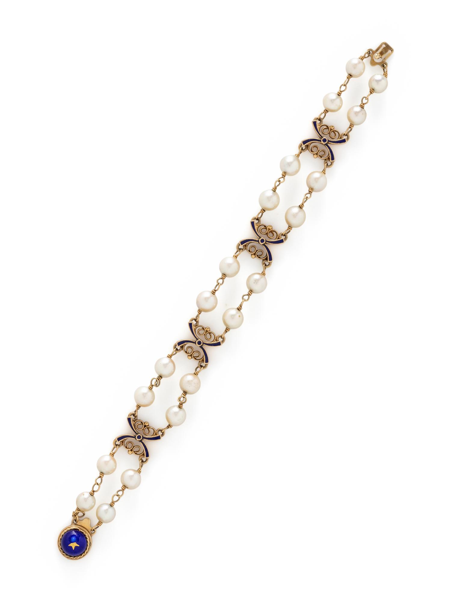 YELLOW GOLD, CULTURED PEARL, AND ENAMEL BRACELET