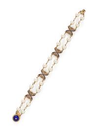 YELLOW GOLD, CULTURED PEARL, AND ENAMEL BRACELET