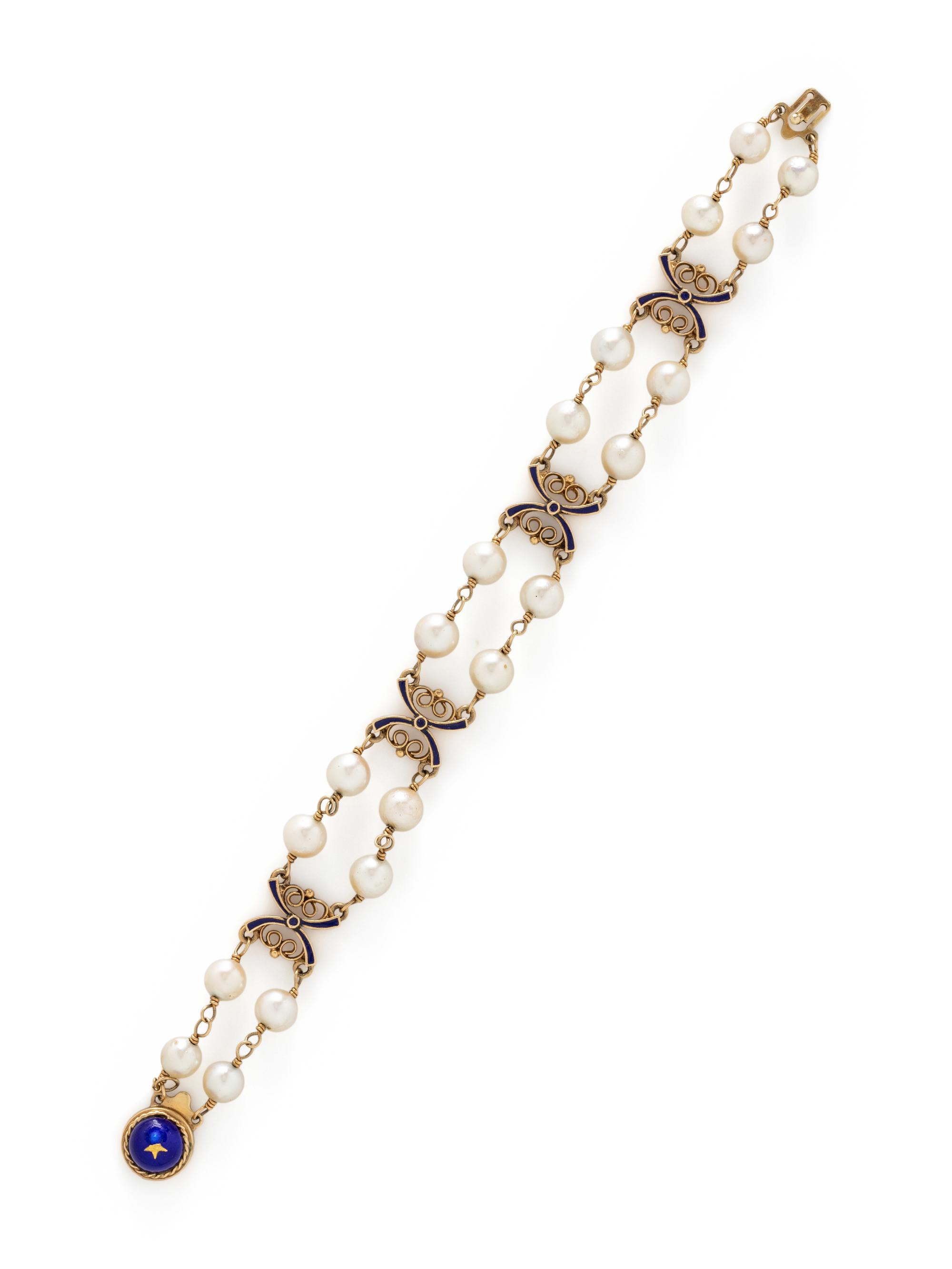 YELLOW GOLD, CULTURED PEARL, AND ENAMEL BRACELET