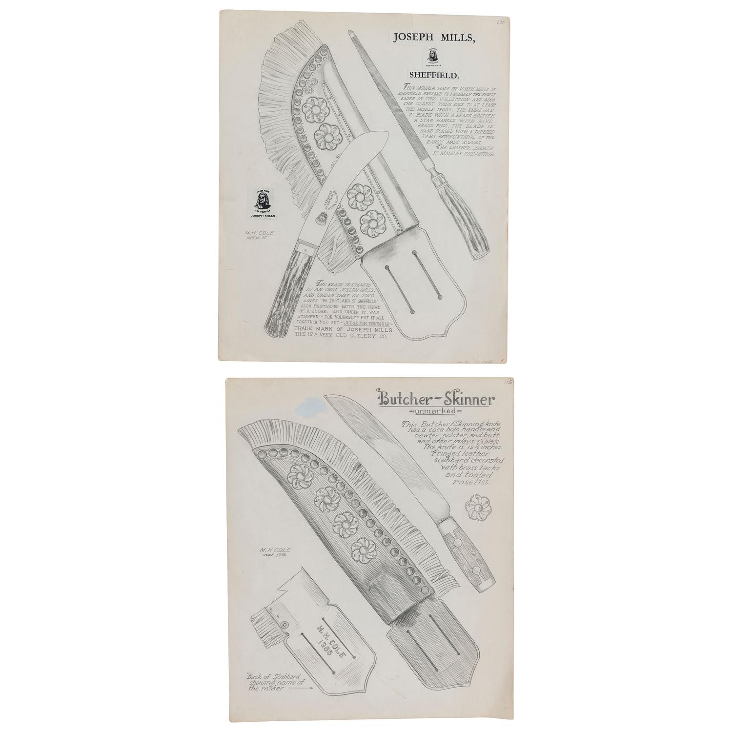 Rare MH Cole Skinning Knife Book Archive with Two Knives, MH Cole Scabbards and Original Publication Illustrations and More