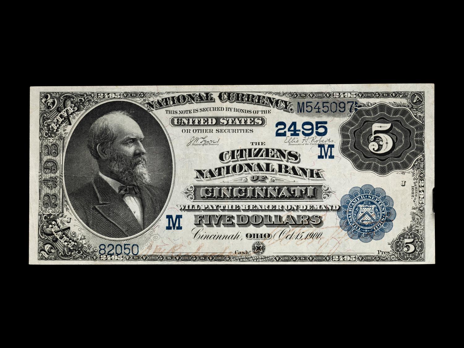 A Series 1882 Date Back $5 National Bank Note-Charter #2495 Citizens National Bank of Cincinnati, OH (PCGS-C VF25) [Fr. 537]