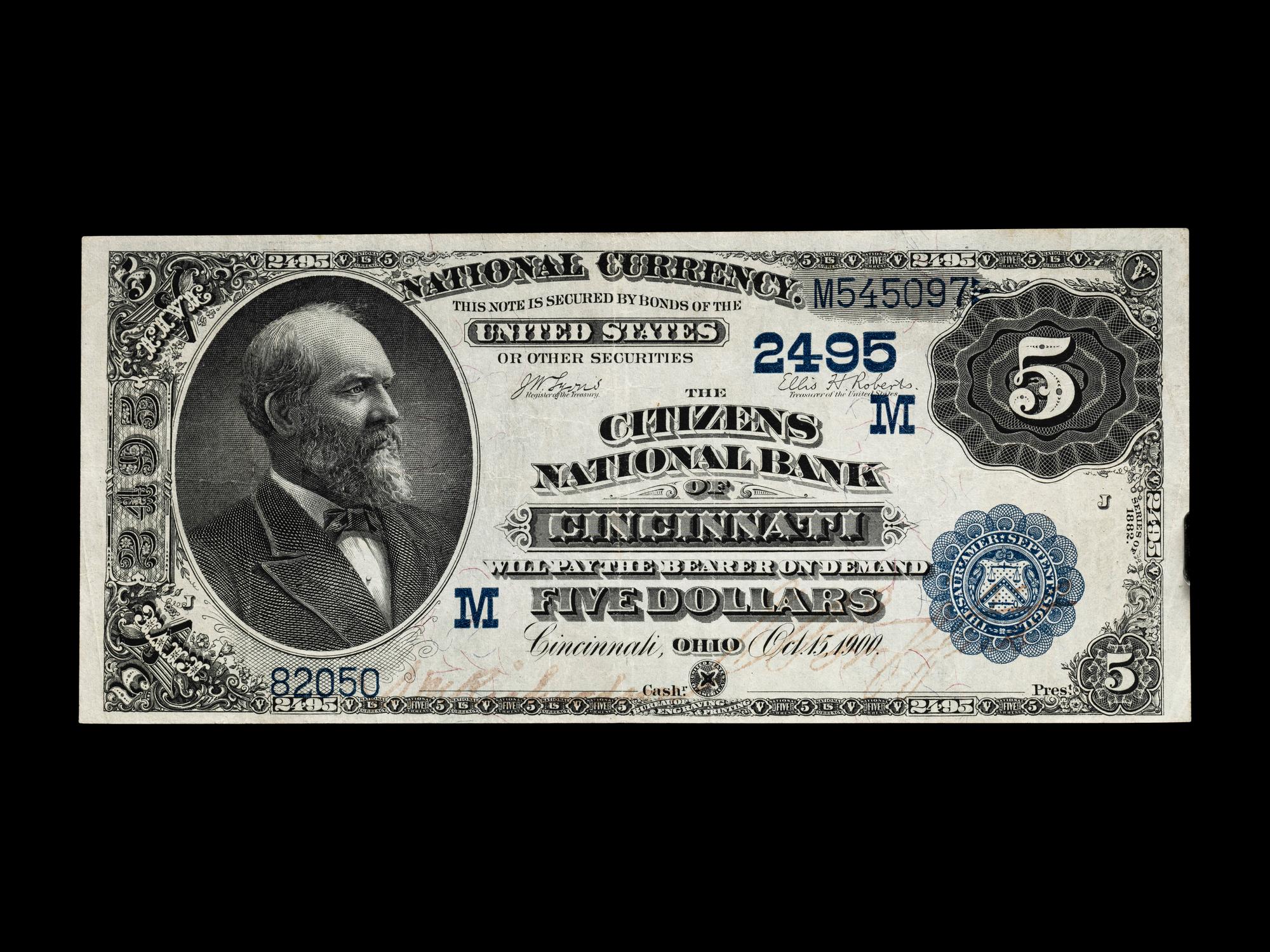 A Series 1882 Date Back $5 National Bank Note-Charter #2495 Citizens National Bank of Cincinnati, OH (PCGS-C VF25) [Fr. 537]