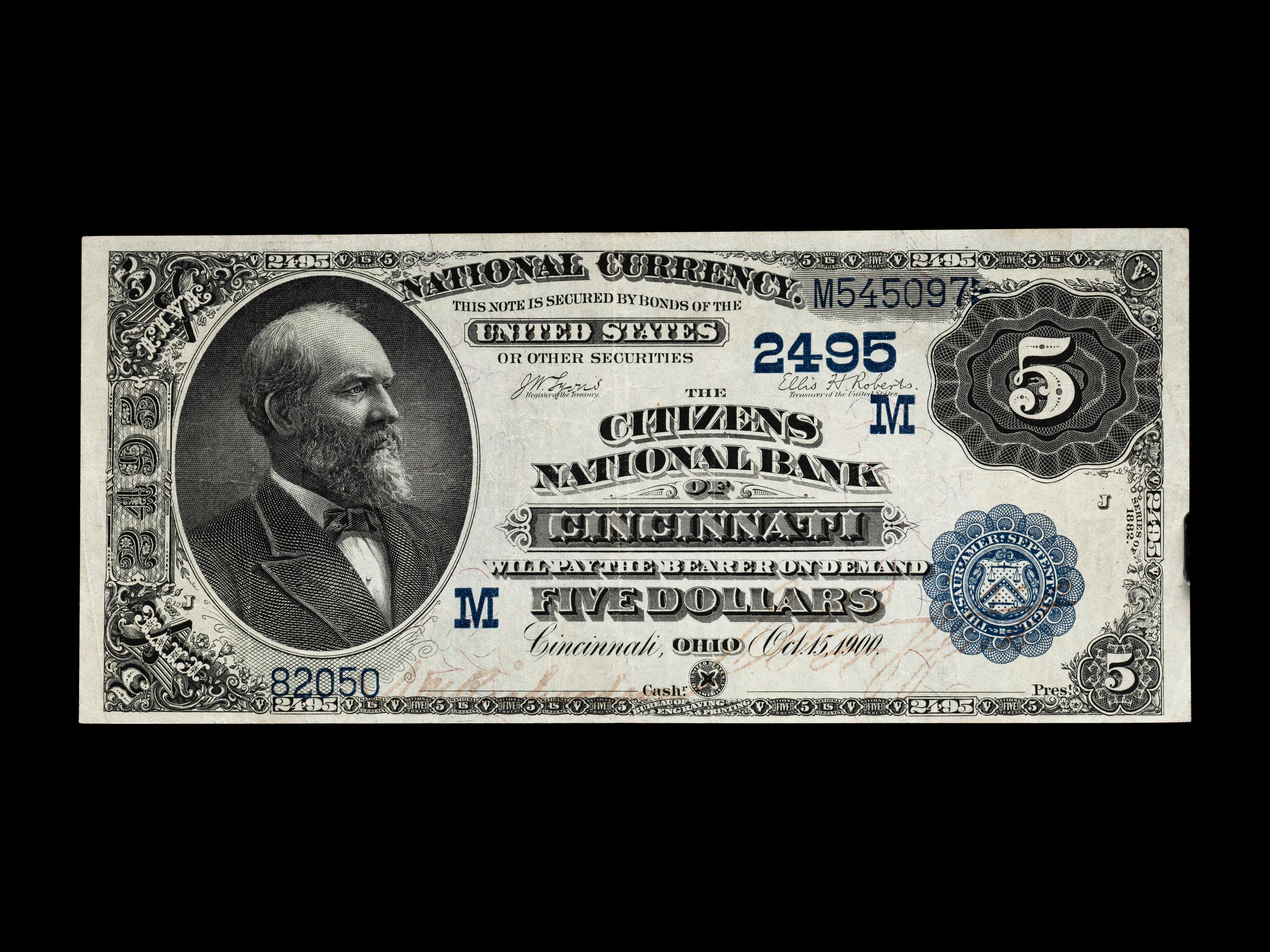 A Series 1882 Date Back $5 National Bank Note-Charter #2495 Citizens National Bank of Cincinnati, OH (PCGS-C VF25) [Fr. 537]