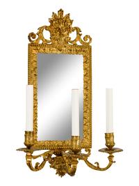 A Pair of Continental Mirror-Inset Gilt Brass Three-Light Girandoles