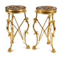 A Pair of Continental Gilt Bronze Tables with Specimen Marble and Mosaic Tops