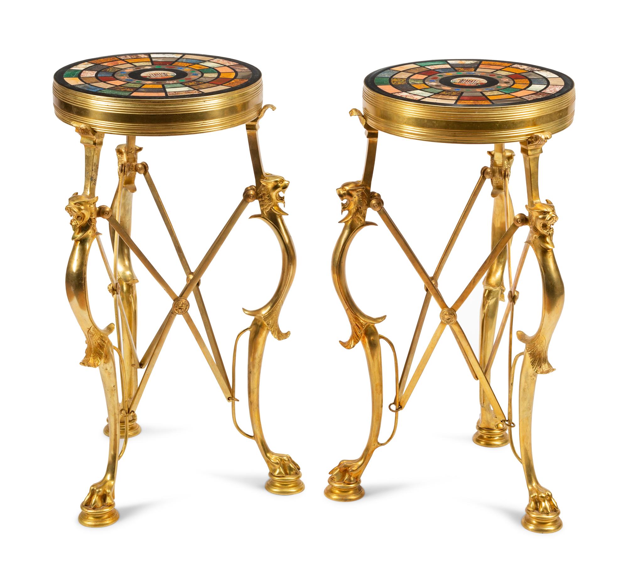 A Pair of Continental Gilt Bronze Tables with Specimen Marble and Mosaic Tops