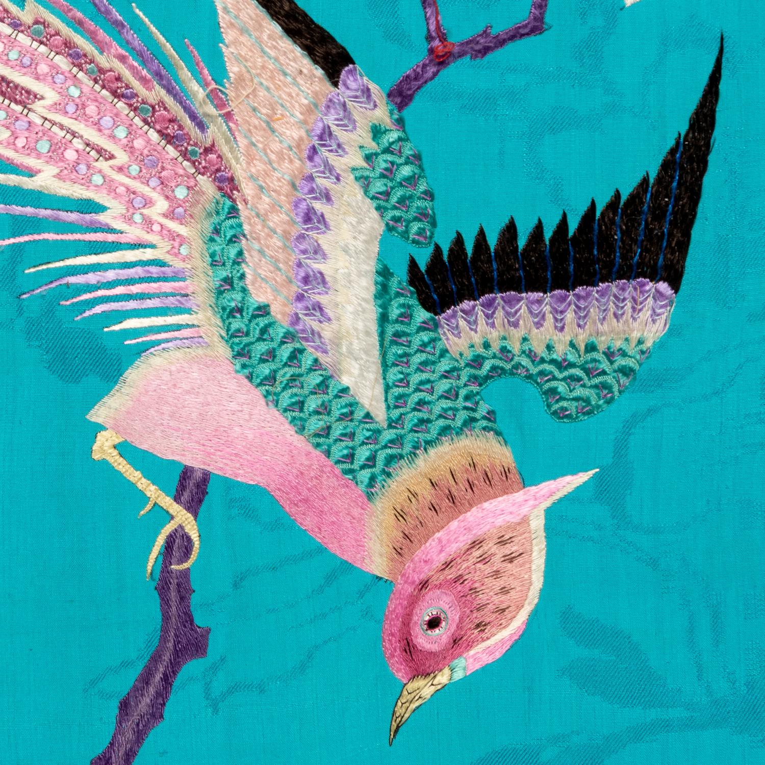 A Large Chinese Embroidered Silk Hanging Panel, Late 19th Century 清晚期 藍地綉花鳥大挂賬