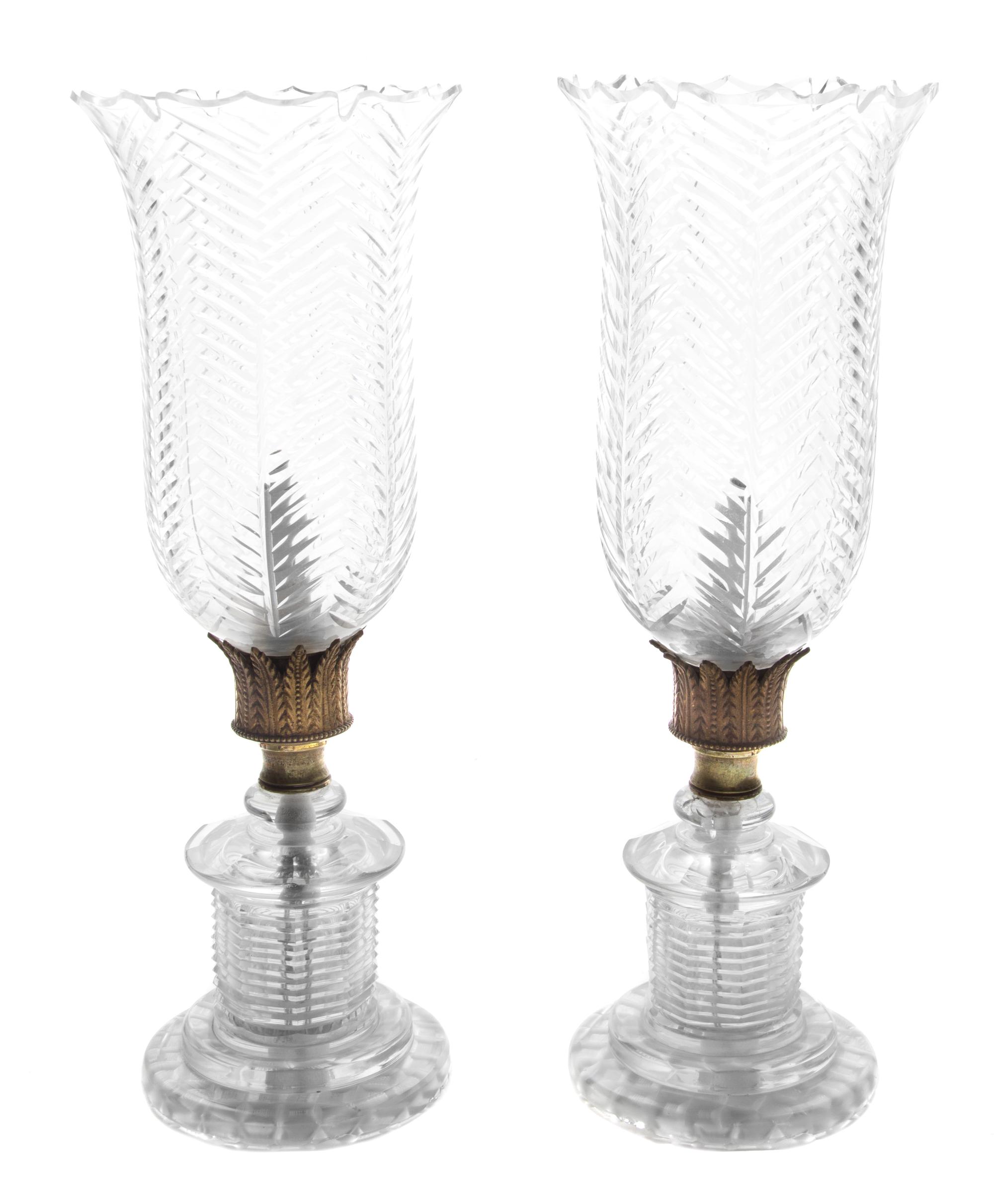 A Pair of Gilt Metal Mounted Cut Glass Table Lamps Height 30 1/2 inches.