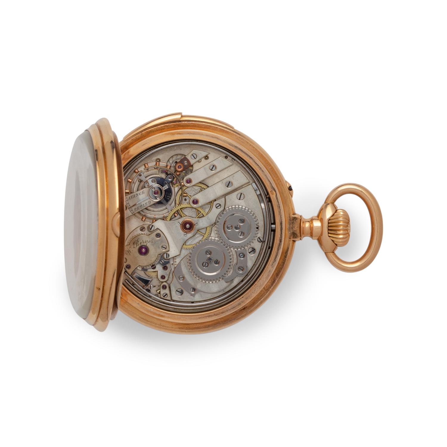 WILLY BERGER, 18K ROSE GOLD AND ENAMEL SKELETONIZED QUARTER REPEATING KEYLESS LEVER WITH APPLIED ARMS OF THE HOUSE OF HOHENZOLLERN AND BRANDENBURG POCKET WATCH