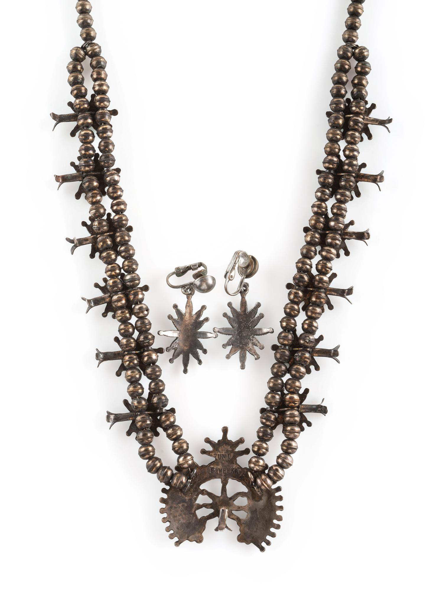 Petite Silver and Needle Point Squash Blossom Necklace and Clip Earrings
