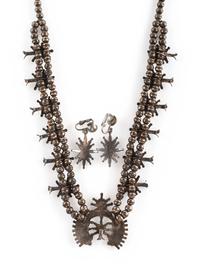 Petite Silver and Needle Point Squash Blossom Necklace and Clip Earrings