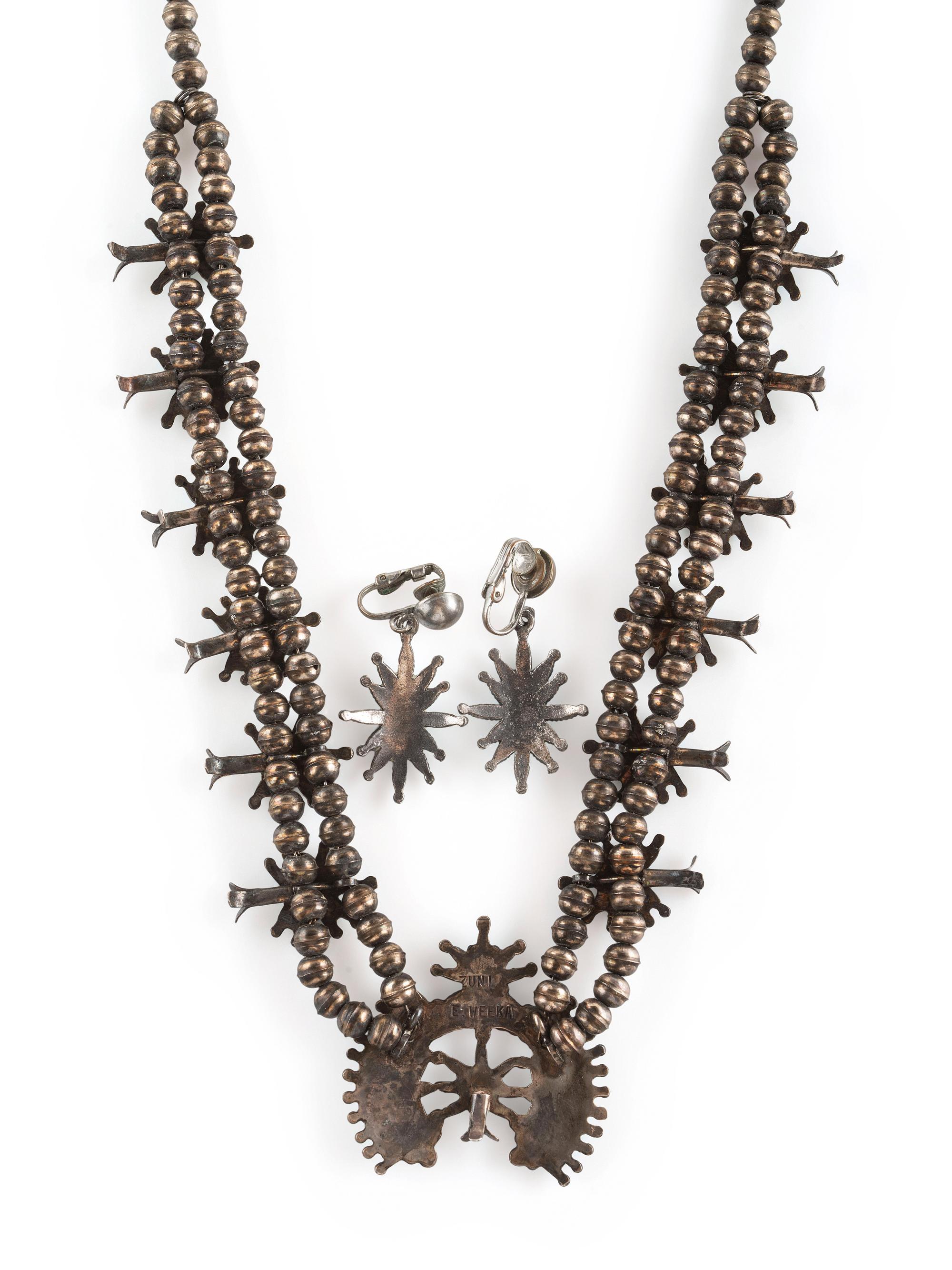 Petite Silver and Needle Point Squash Blossom Necklace and Clip Earrings