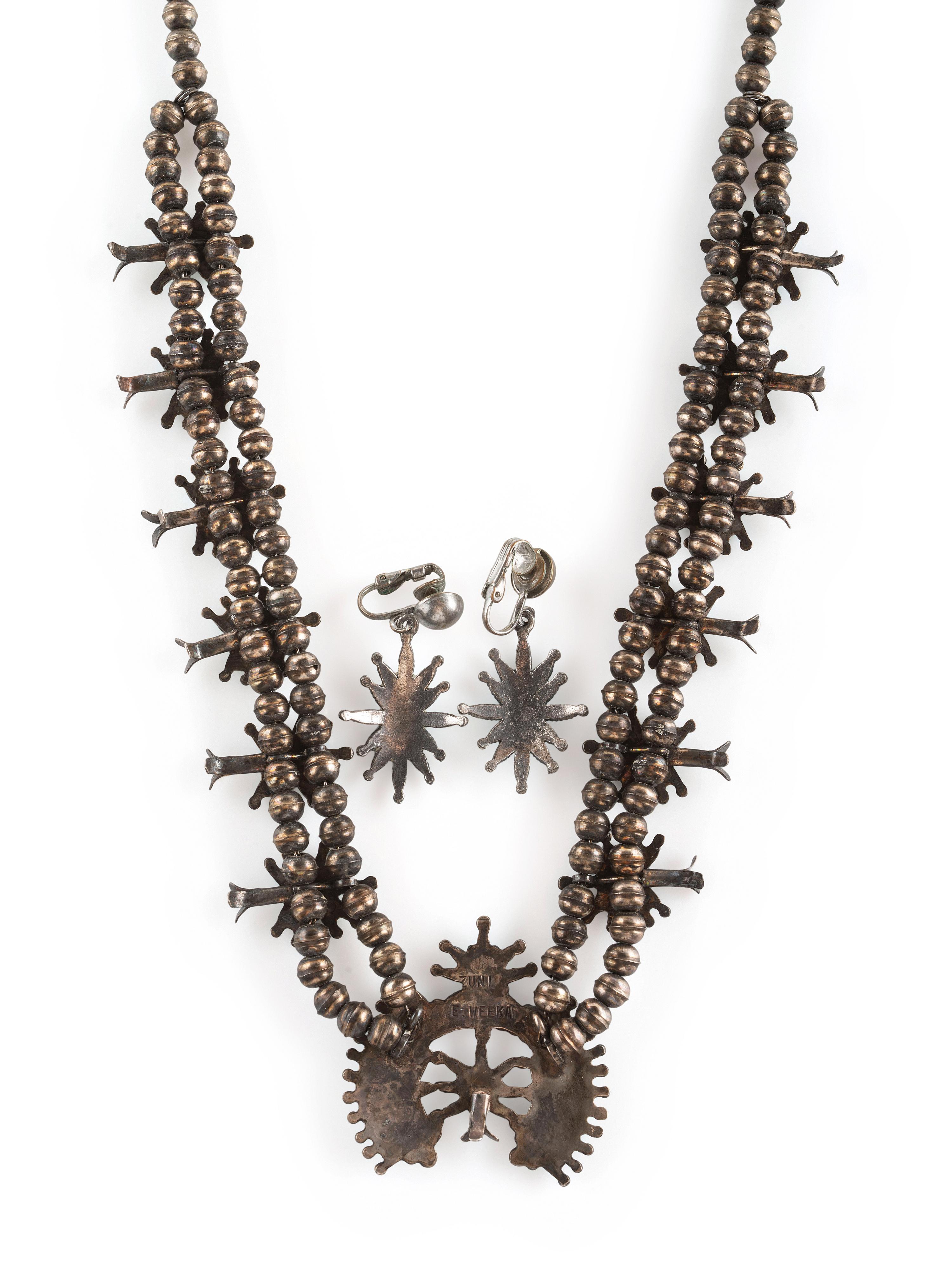Petite Silver and Needle Point Squash Blossom Necklace and Clip Earrings