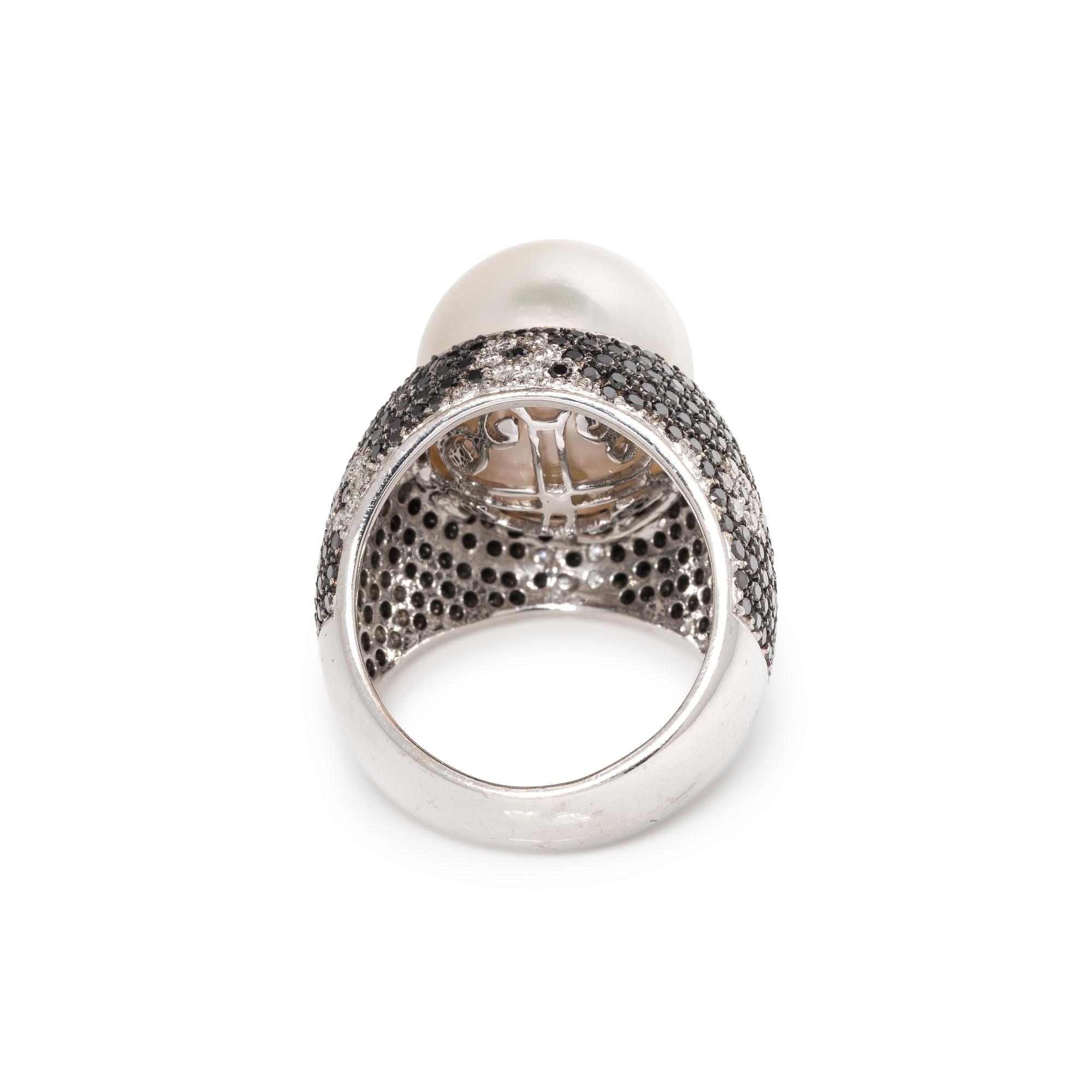 CULTURED SOUTH SEA PEARL, BLACK DIAMOND AND DIAMOND RING