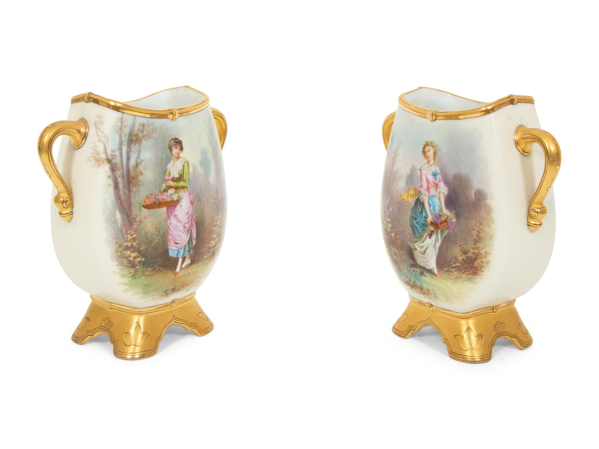 Pair of Continental Painted Porcelain Footed Vases