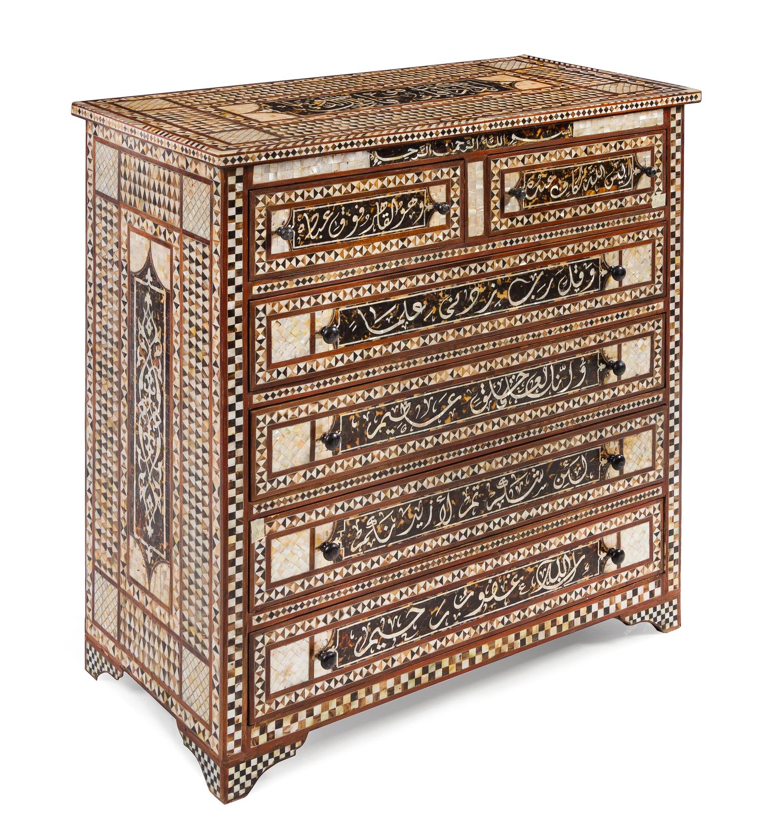 A Middle Eastern Mother-of-Pearl Inlaid Chest of Drawers Height 42 1/8 x width 41 3/8 x depth 20 7/8 inches. — 20TH CENTURY