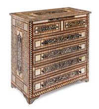 A Middle Eastern Mother-of-Pearl Inlaid Chest of Drawers Height 42 1/8 x width 41 3/8 x depth 20 7/8 inches. — 20TH CENTURY