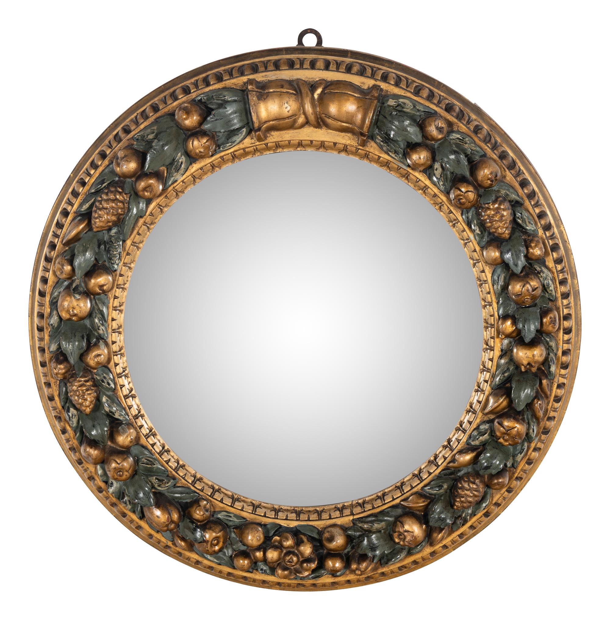 A Continental Painted and Parcel-Gilt Convex Mirror