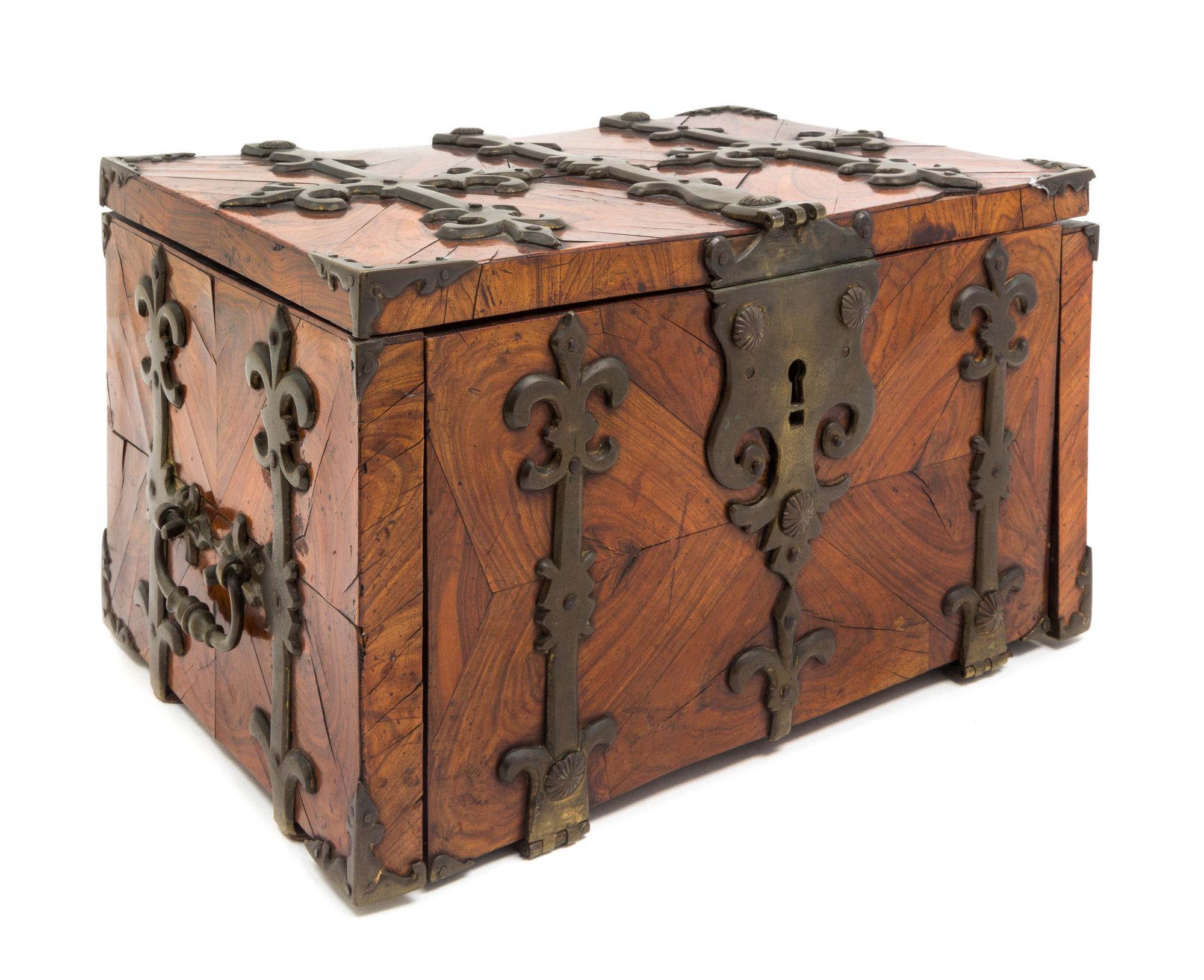 A Continental Brass Mounted Oysterwood Jewelry Casket Height 8 x width 13 1/2 x depth 9 inches. — 18TH CENTURY