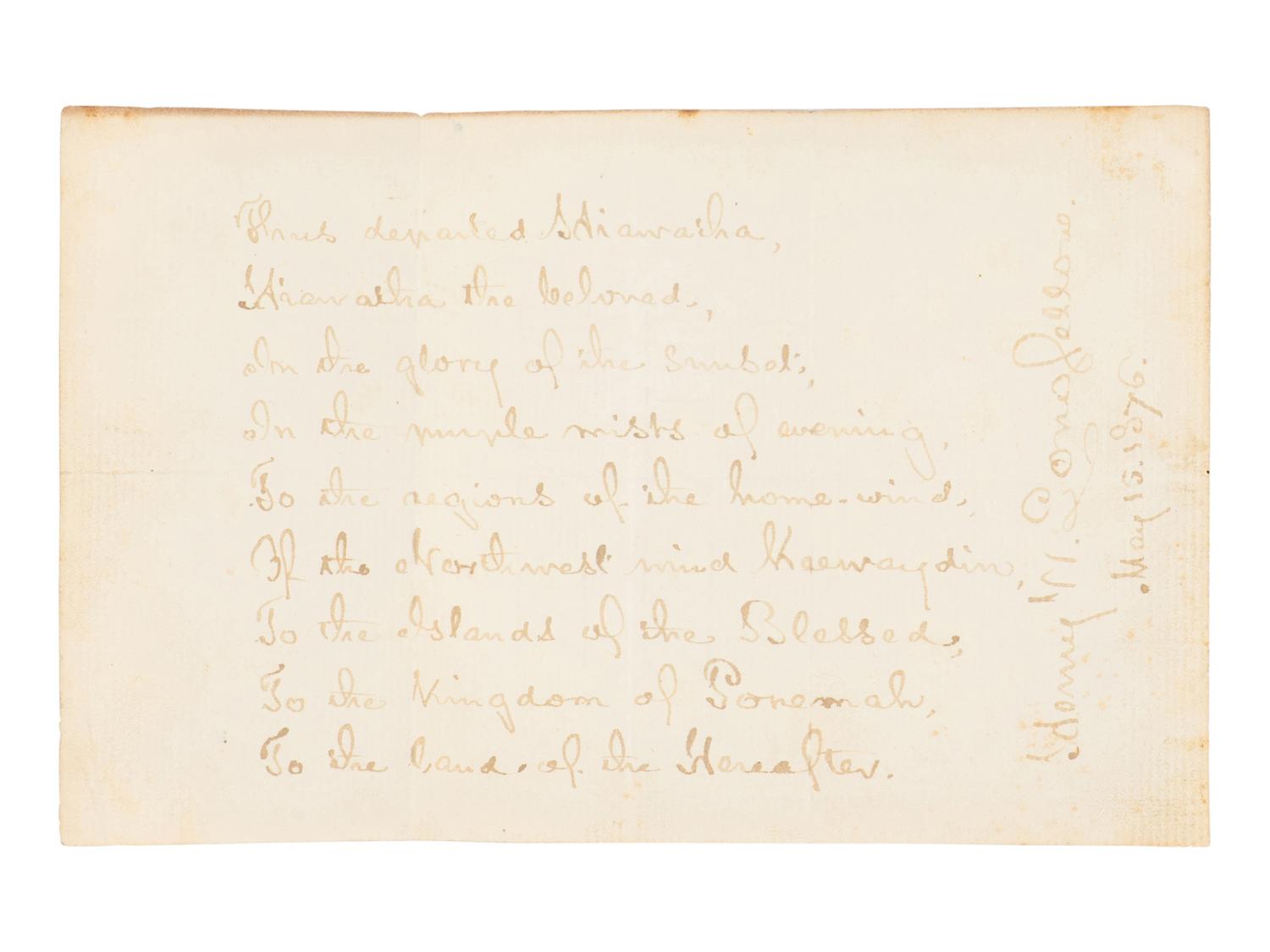 LONGFELLOW, Henry Wadsworth (1807-1882). Autograph manuscript quotation signed ("Henry W. Longfellow"), a fair copy, of the last stanza of "The Song of Hiawatha," [Cambridge], 15 May 1876.