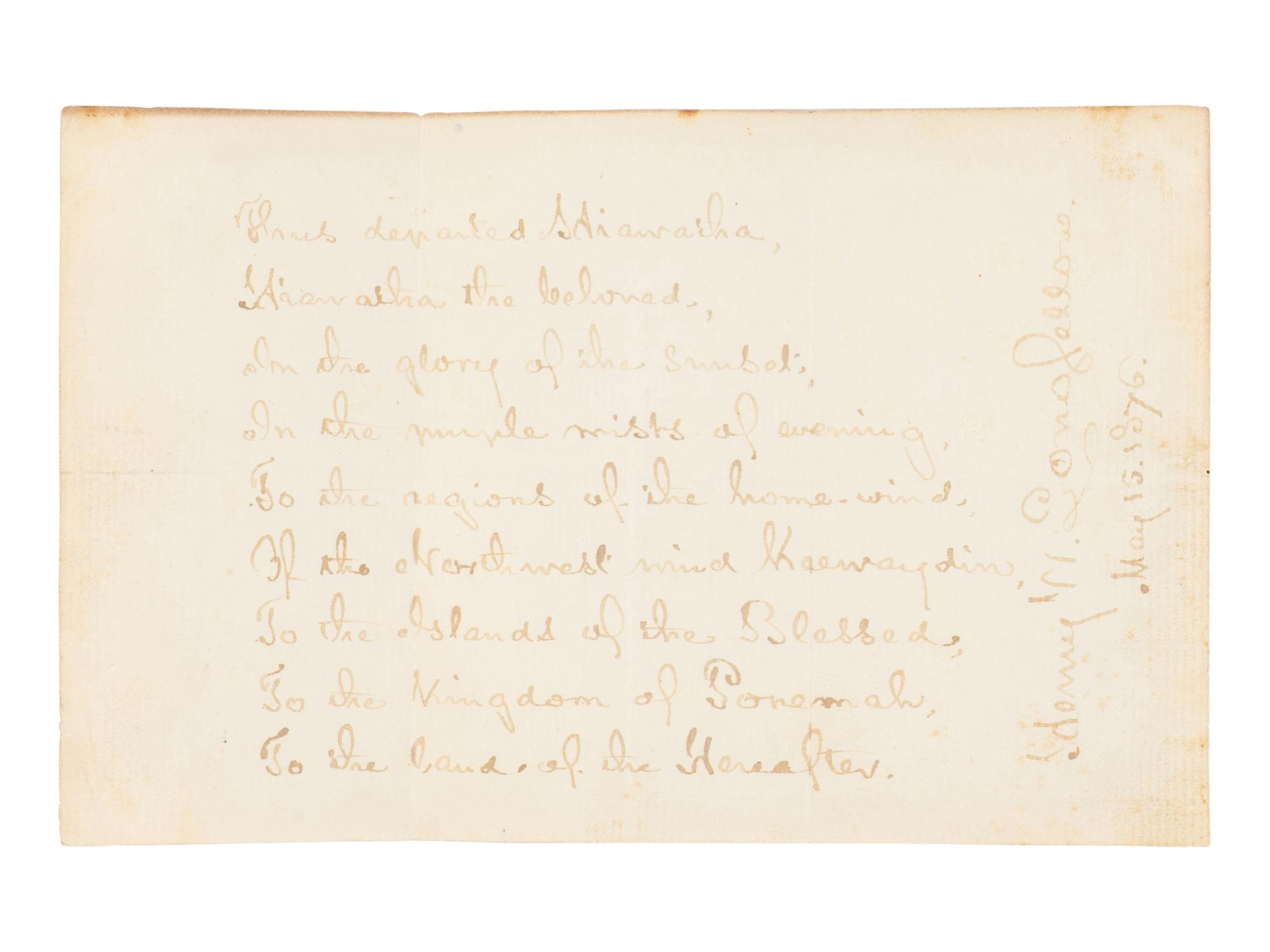 LONGFELLOW, Henry Wadsworth (1807-1882). Autograph manuscript quotation signed ("Henry W. Longfellow"), a fair copy, of the last stanza of "The Song of Hiawatha," [Cambridge], 15 May 1876.