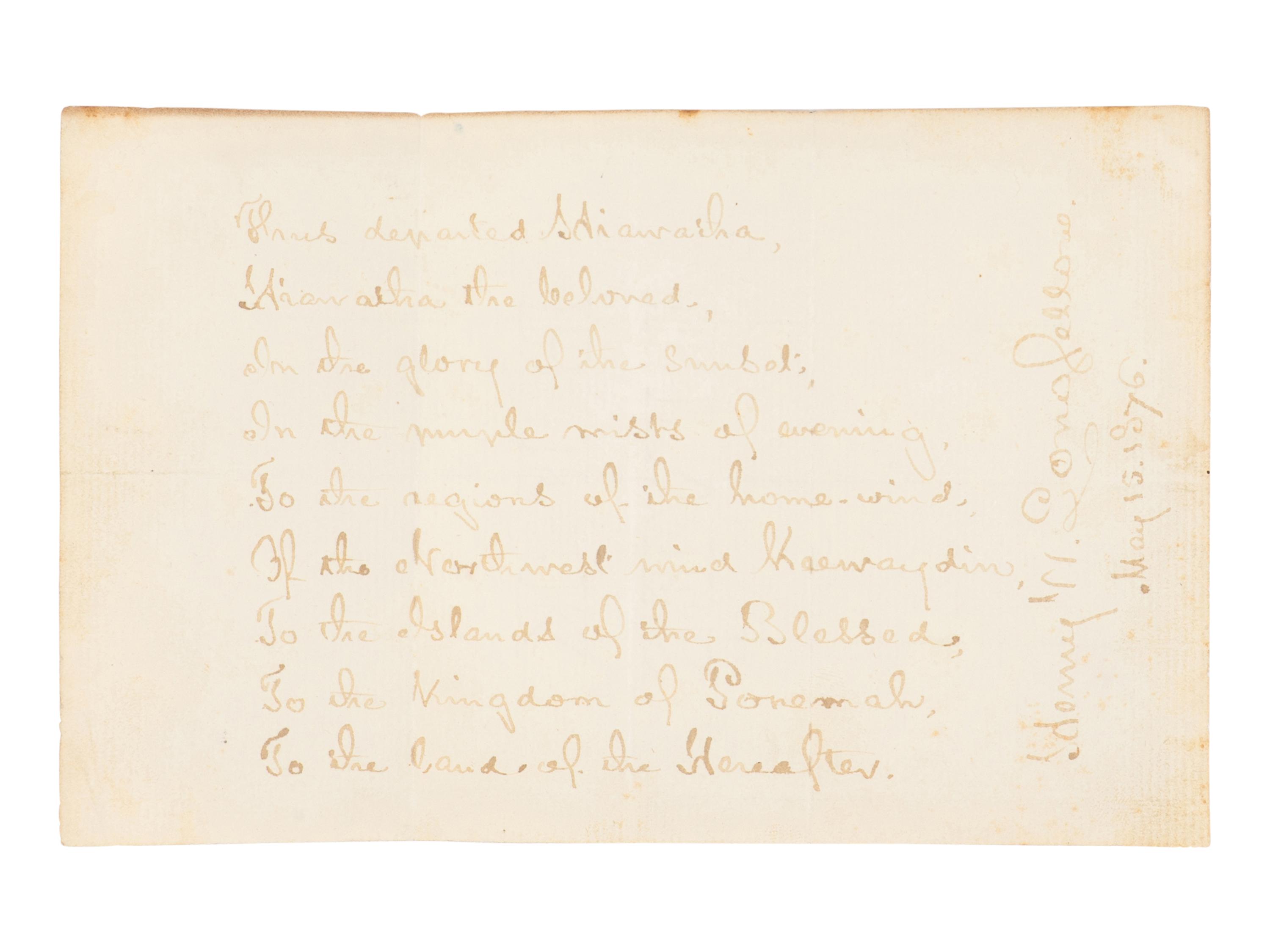 LONGFELLOW, Henry Wadsworth (1807-1882). Autograph manuscript quotation signed ("Henry W. Longfellow"), a fair copy, of the last stanza of "The Song of Hiawatha," [Cambridge], 15 May 1876.