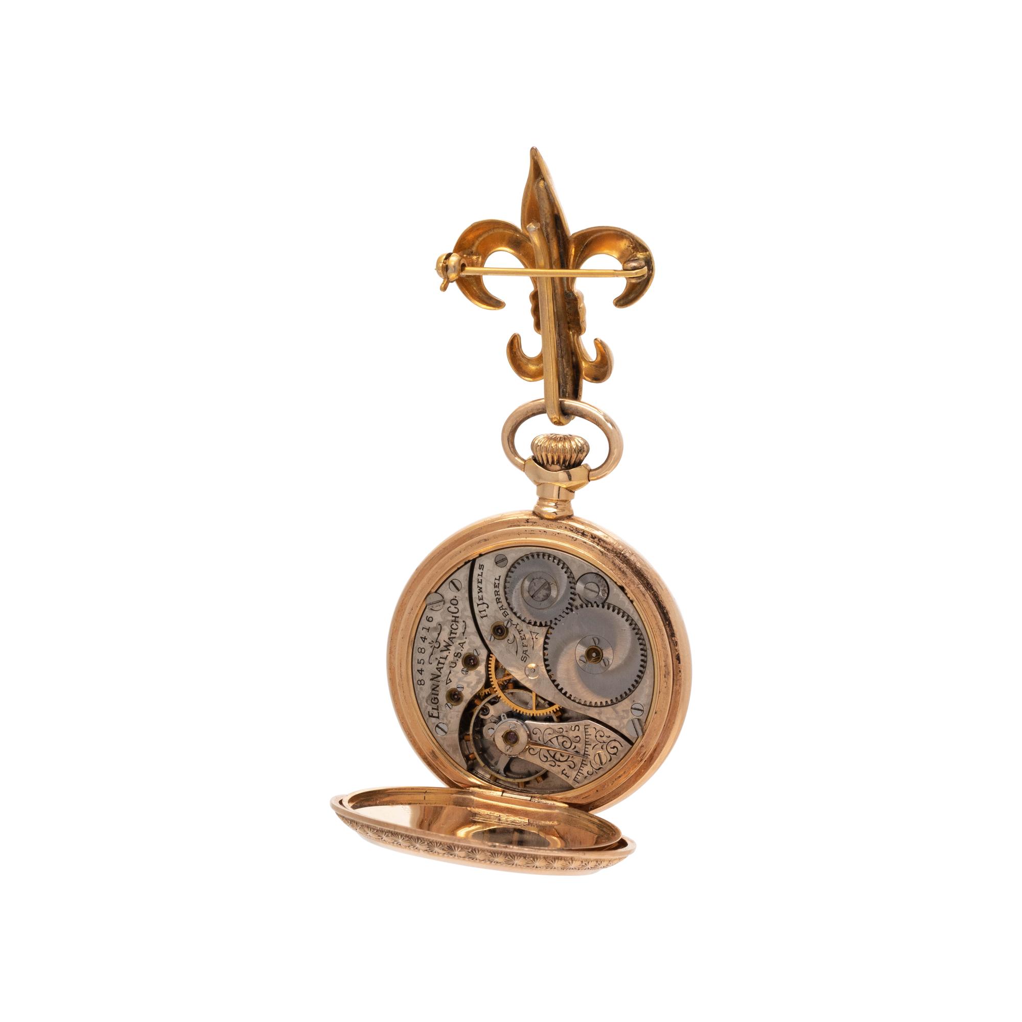 ELGIN, 14K YELLOW GOLD HUNTER CASE POCKET WATCH WITH GOLD-FILLED LAPEL BROOCH