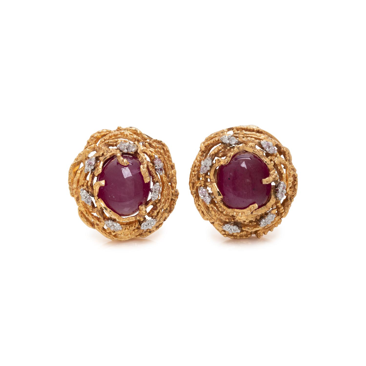 YELLOW GOLD, RUBY AND DIAMOND EARCLIPS