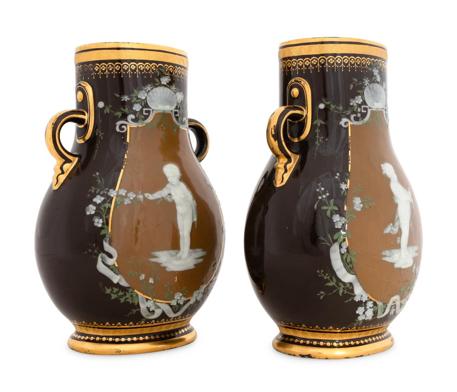 A Pair of Mintons Brown-Ground Pâte-sur-Pâte Vases
