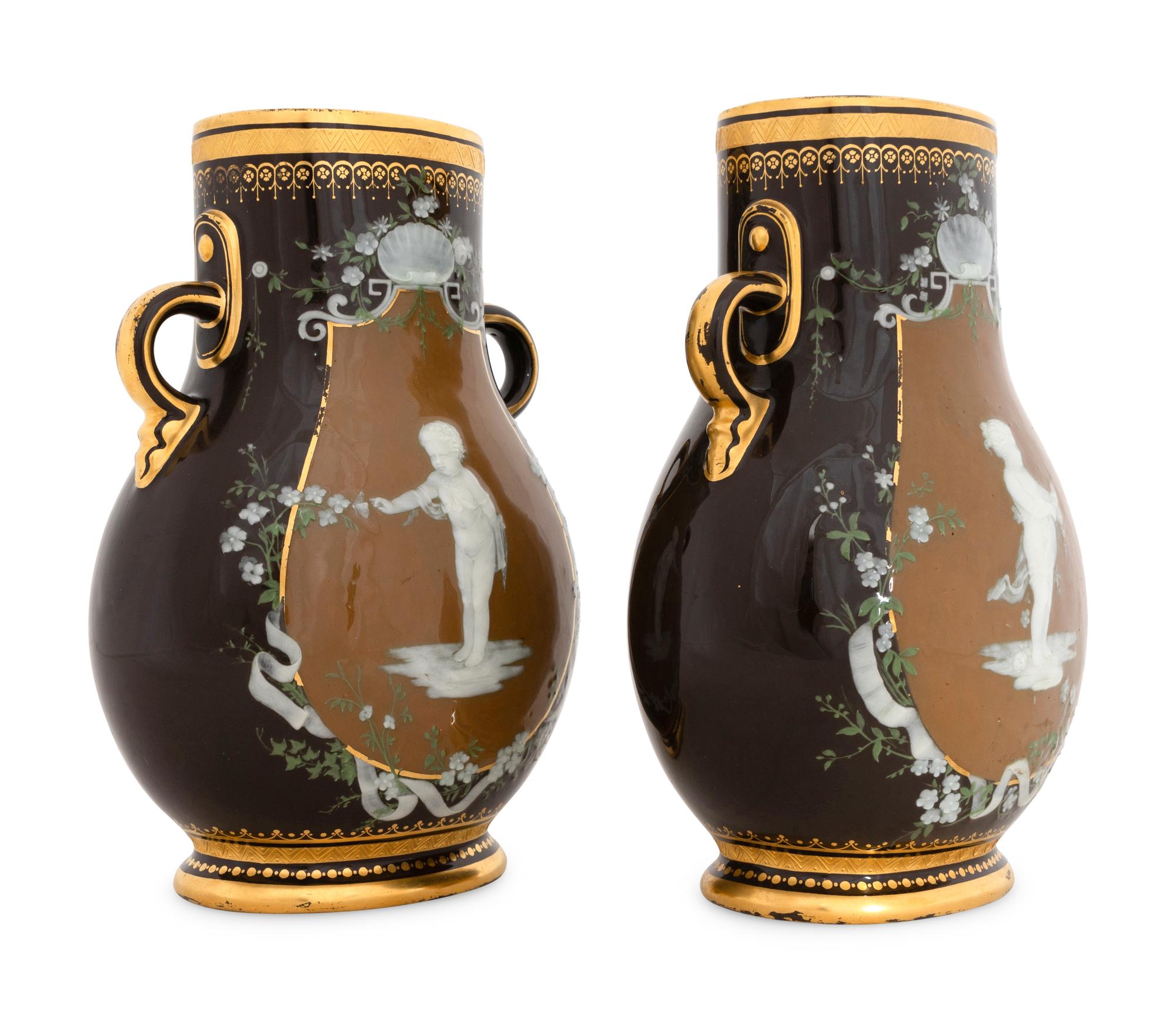 A Pair of Mintons Brown-Ground Pâte-sur-Pâte Vases