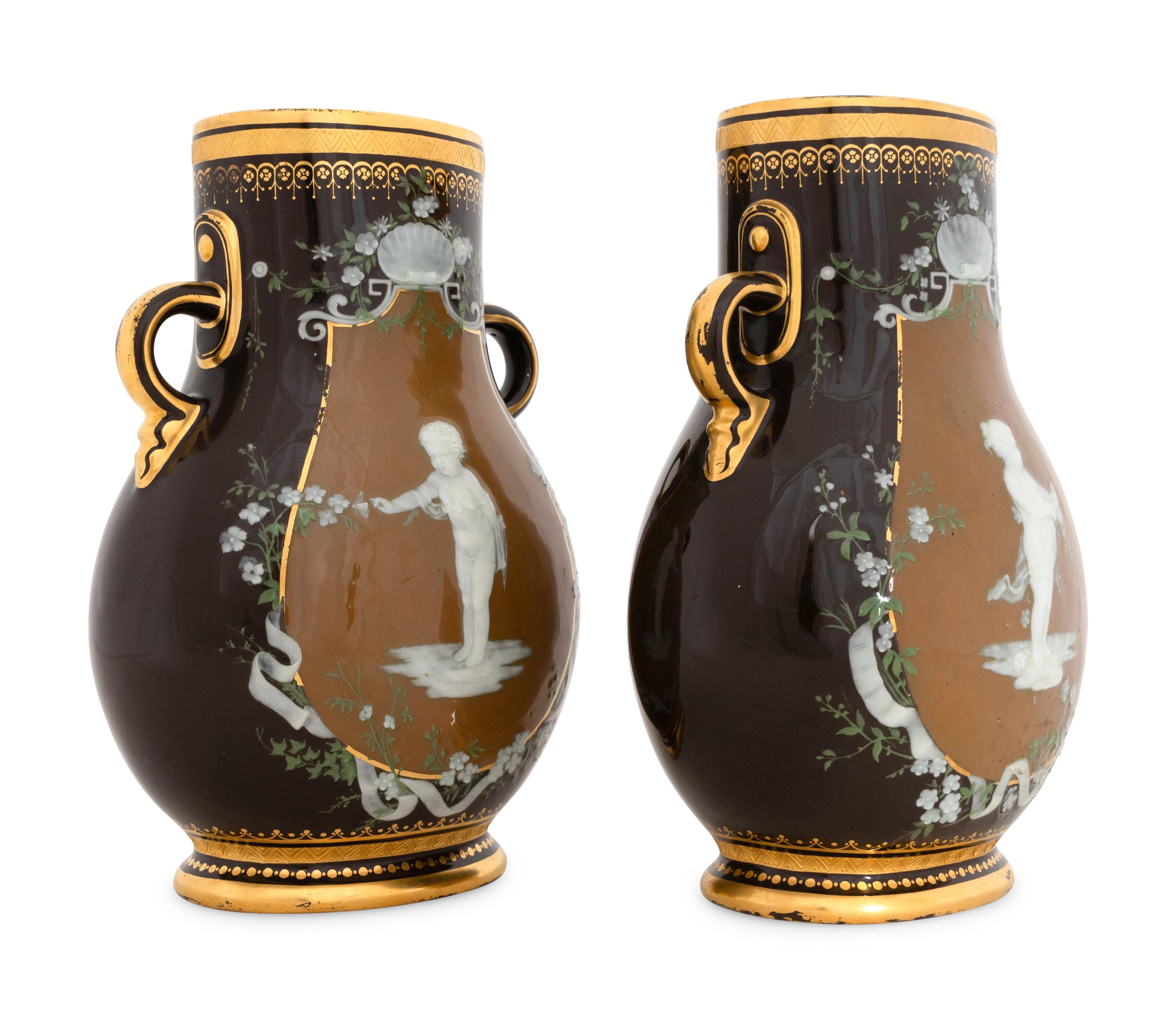 A Pair of Mintons Brown-Ground Pâte-sur-Pâte Vases