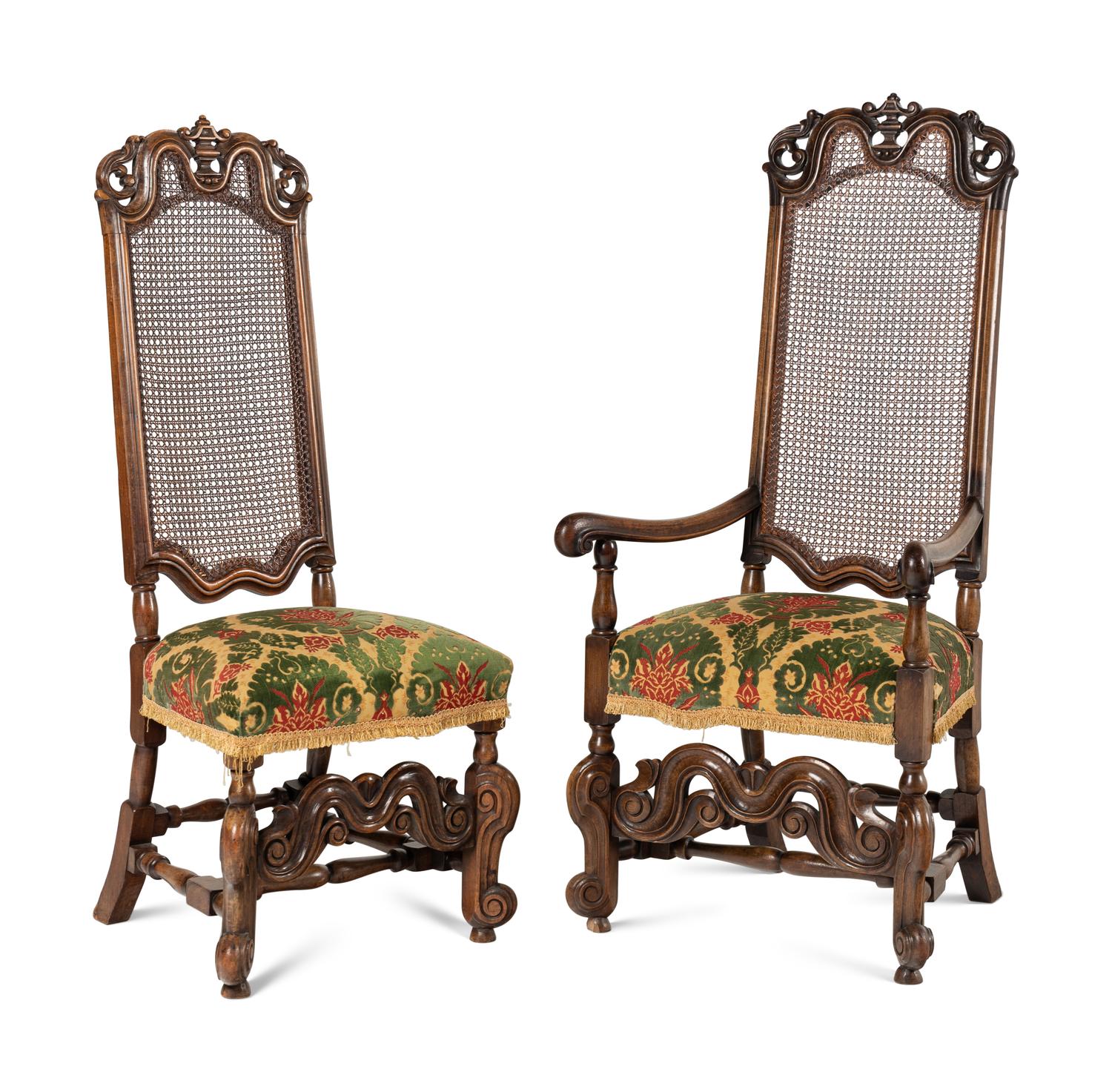 A Set of Ten William and Mary Style Caned and Carved Beechwood Dining Chairs
