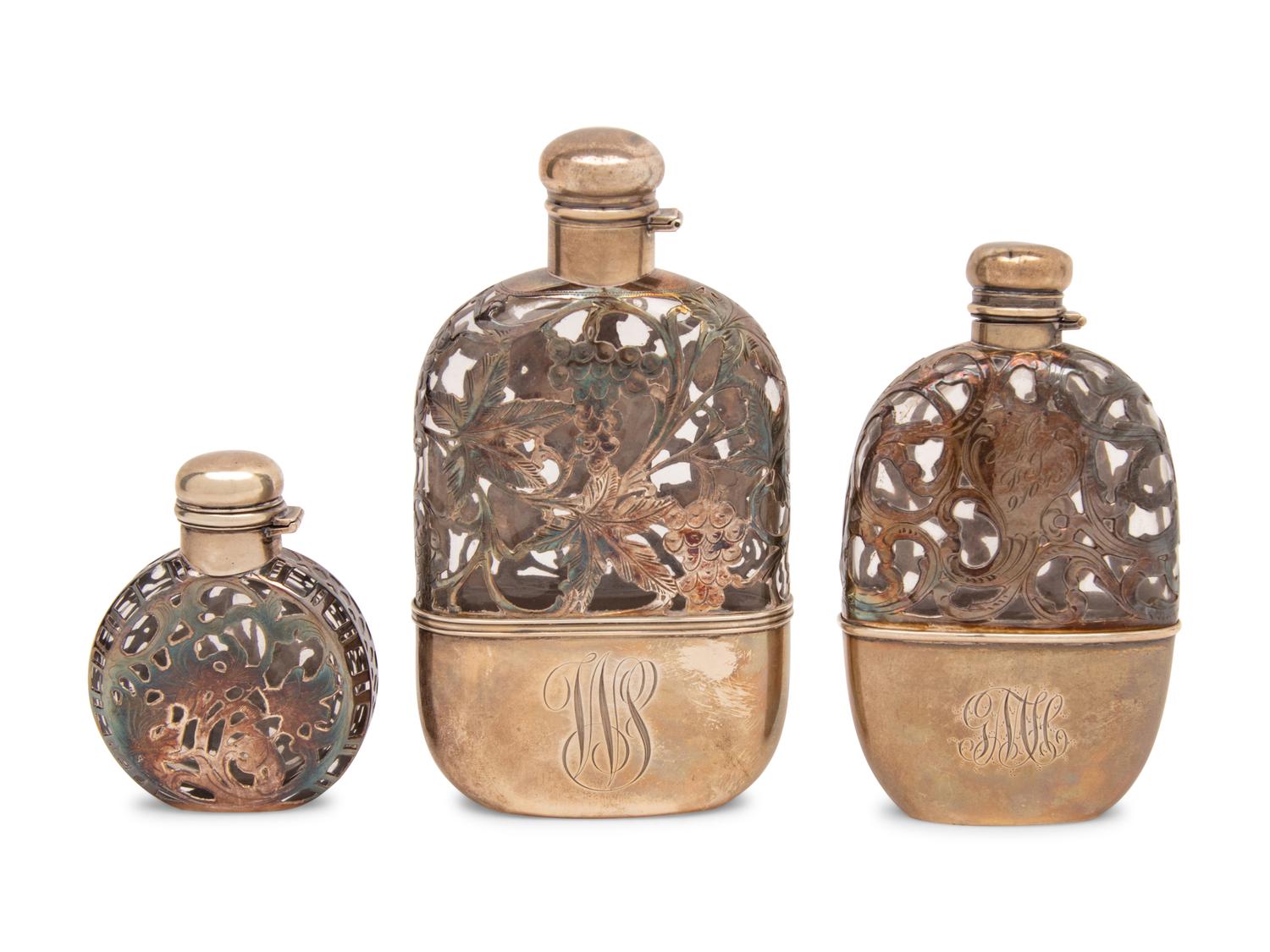 A Group of Three American Silver Overlay Flasks