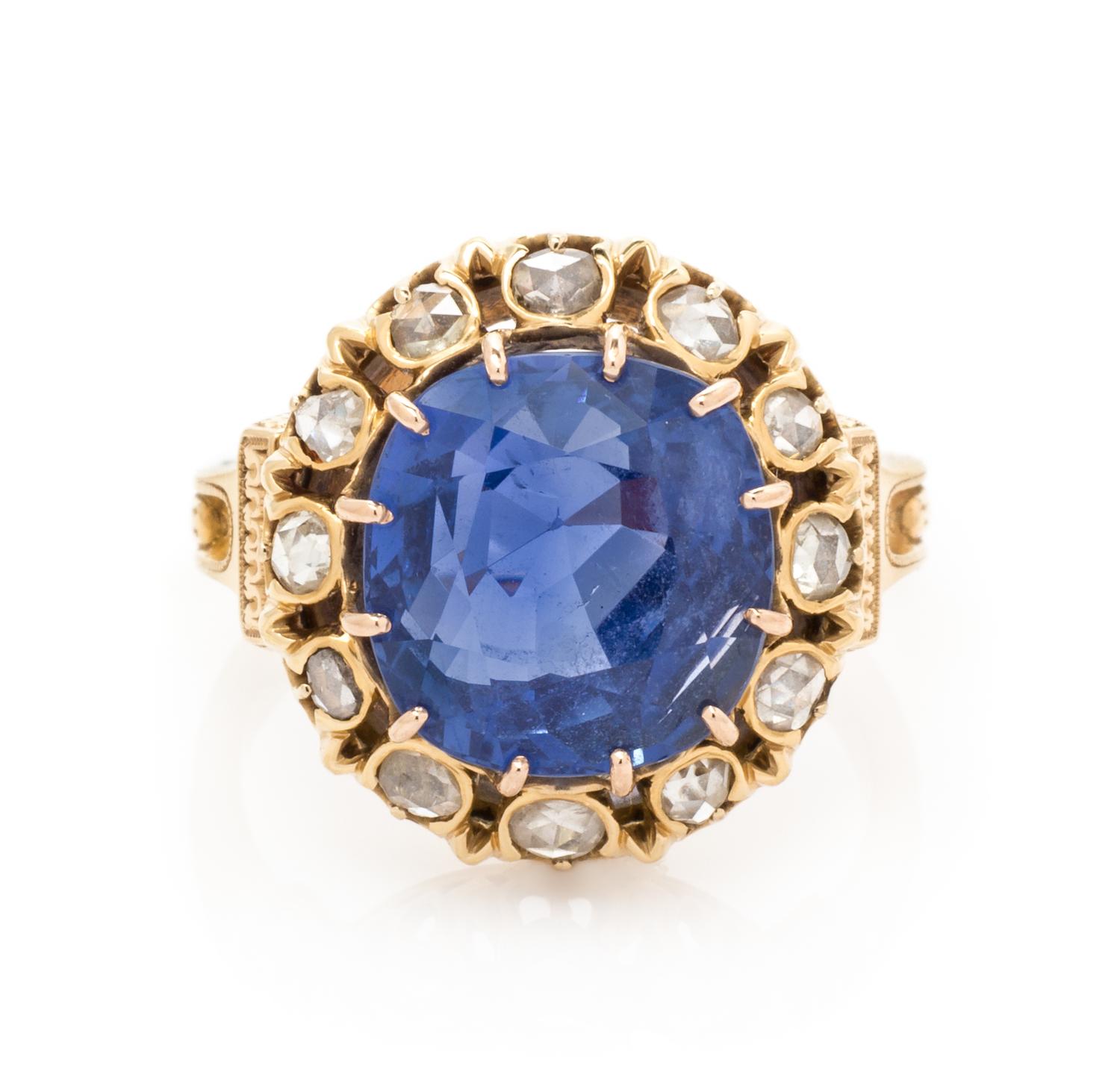 A Victorian Yellow Gold, Burmese Sapphire and Diamond Ring, 6.50 dwts.
