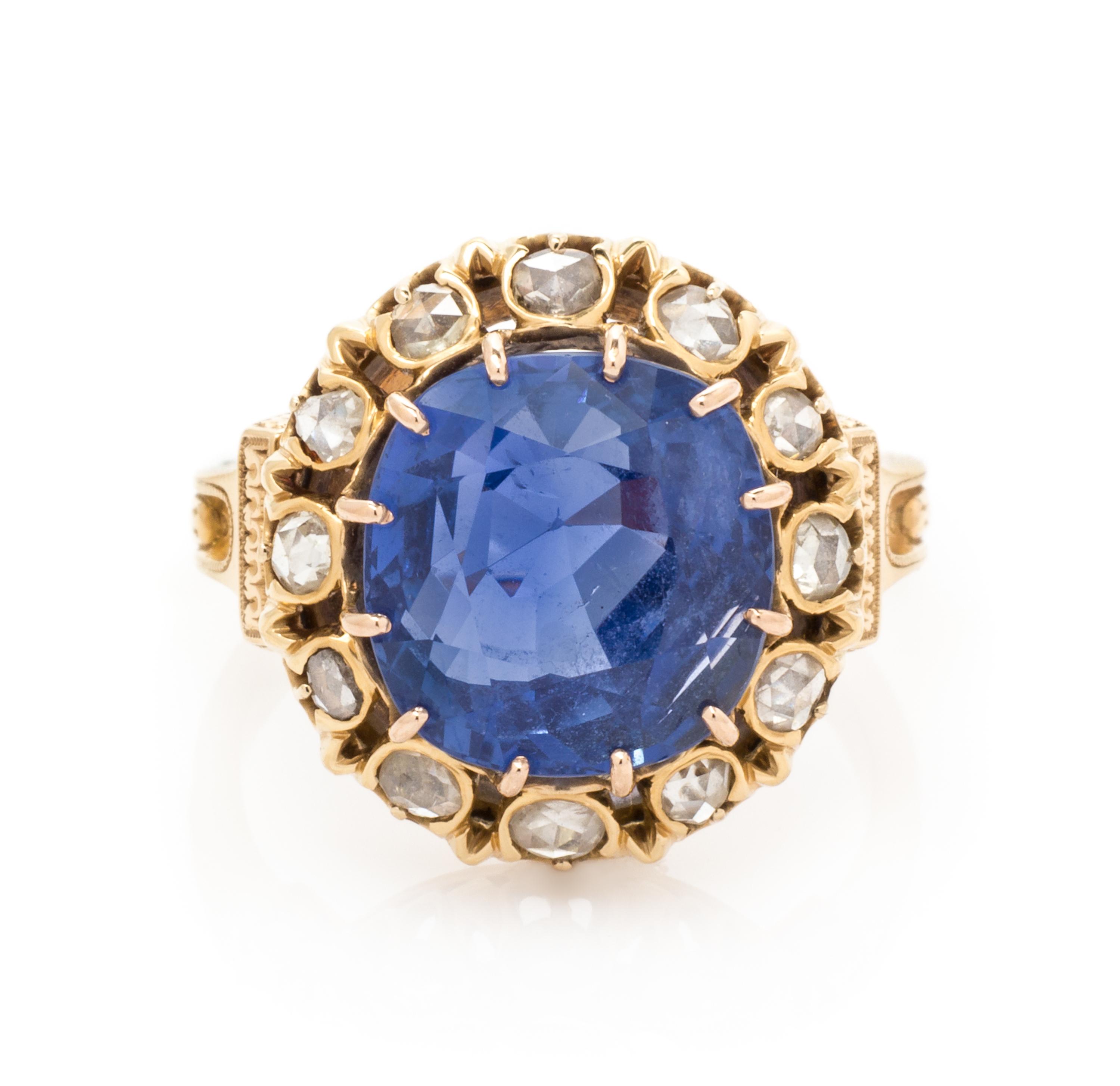 A Victorian Yellow Gold, Burmese Sapphire and Diamond Ring, 6.50 dwts.