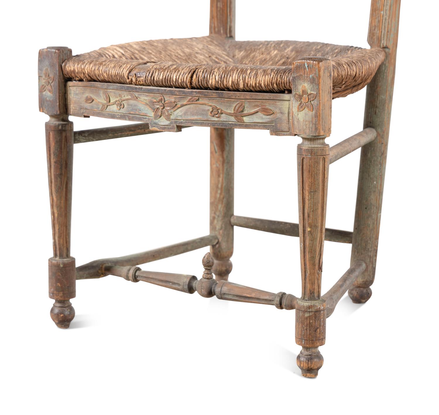 A Pair of French Carved and Painted Rush Seat Side Chairs